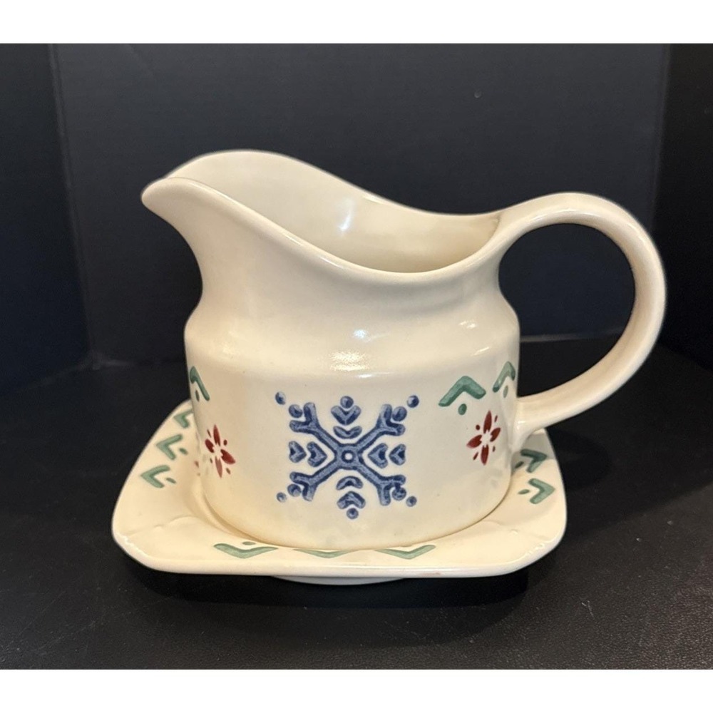 Pfaltzgraff Nordic Christmas Gravy Sauce Boat Underplate Snowflake Reindeer USA